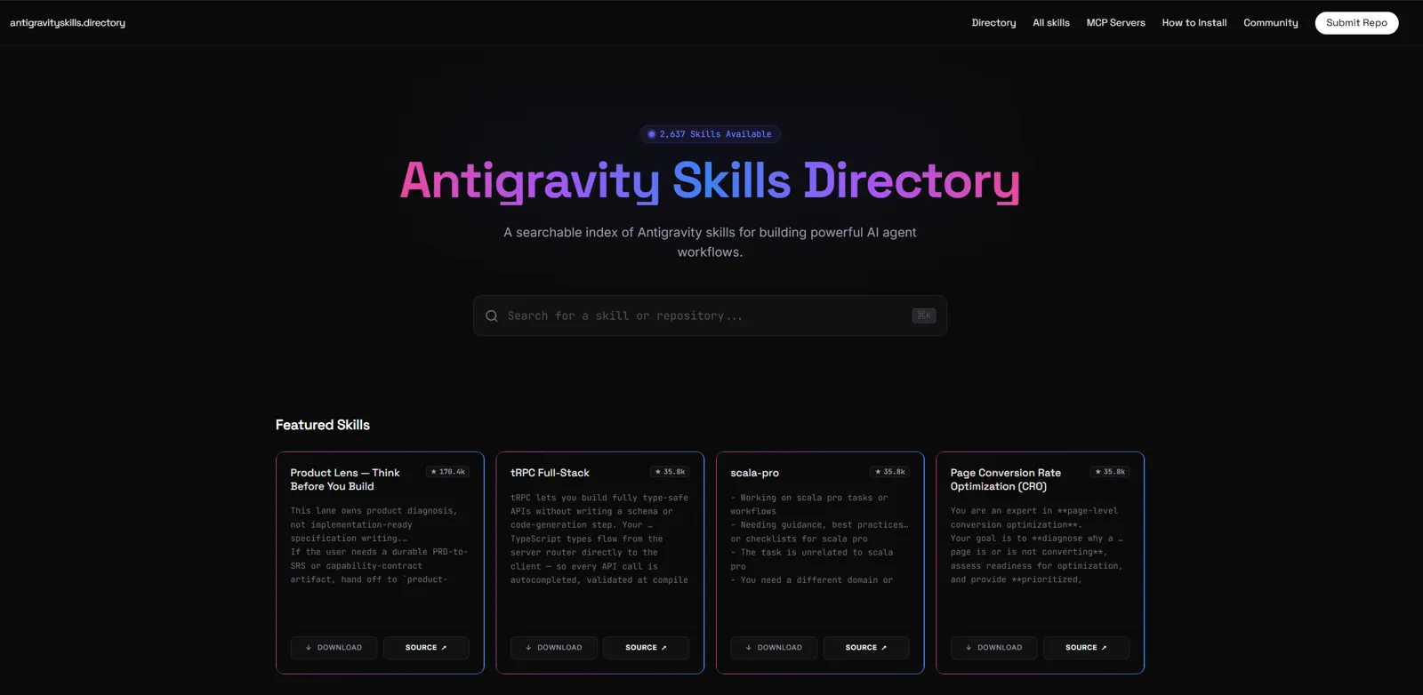 Antigravity Skills Directory website, designed by Kaal